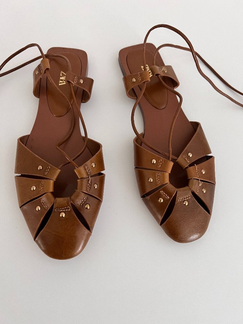 Zara Brown Lace-Up Ankle Wrap Flat Sandals 6.5